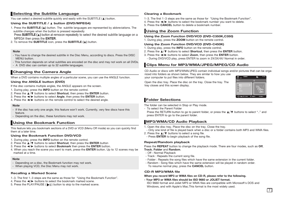 Selecting the subtitle language, Changing the camera angle, Using the bookmark function | Using the zoom function, Clips menu for mp3/wma/jpeg/mpeg/cd audio, Folder selections, Mp3/wma/cd audio playback | Samsung DVD-C350 User Manual | Page 7 / 16