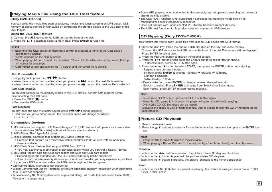 Cd ripping (only dvd-c450k), Picture cd playback | Samsung DVD-C350 User Manual | Page 9 / 16