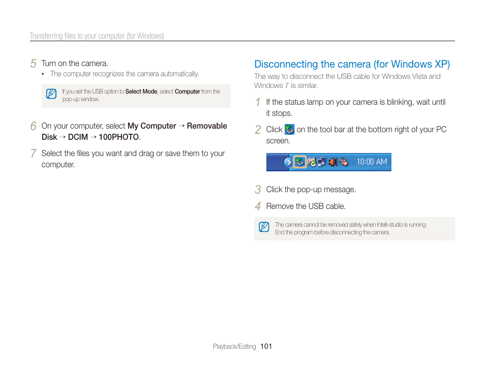 Disconnecting the camera (for windows xp), Disconnecting the camera (for windows xp) 101 | Samsung WB2000 User Manual | Page 102 / 133