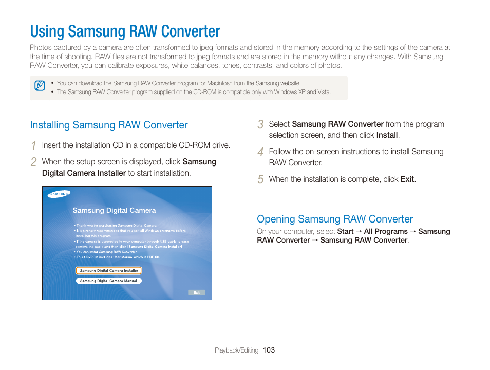 Using samsung raw converter, Installing samsung raw converter, Opening samsung raw converter | Installing samsung raw converter ……… 103, Opening samsung raw converter ……… 103 | Samsung WB2000 User Manual | Page 104 / 133