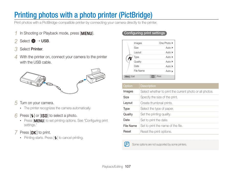 Printing photos with a photo printer (pictbridge), Printing photos with a photo printer, Pictbridge) | Samsung WB2000 User Manual | Page 108 / 133