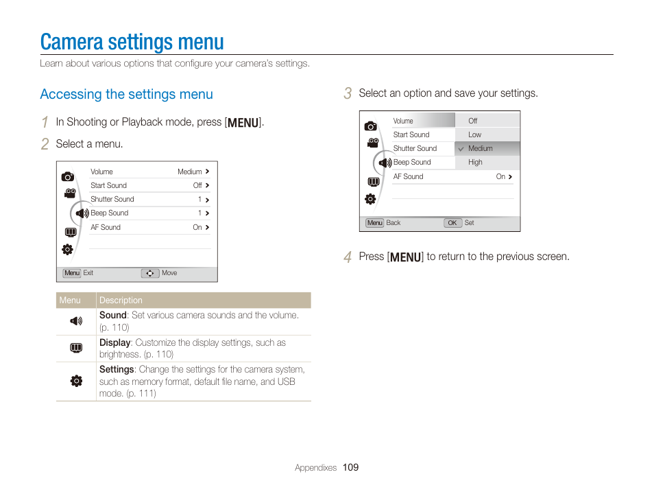 Camera settings menu, Accessing the settings menu, Accessing the settings menu …………………………… 109 | Samsung WB2000 User Manual | Page 110 / 133