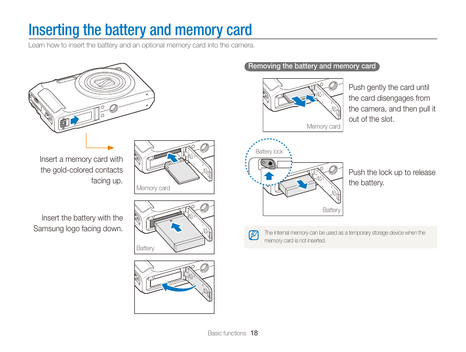 Inserting the battery and memory card | Samsung WB2000 User Manual | Page 19 / 133