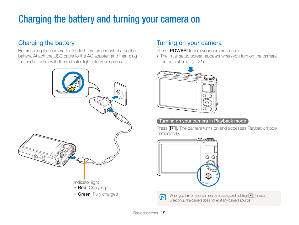 Charging the battery and turning your camera on, Charging the battery, Turning on your camera | Charging the battery …………………………………… 19, Turning on your camera ………………………………… 19 | Samsung WB2000 User Manual | Page 20 / 133