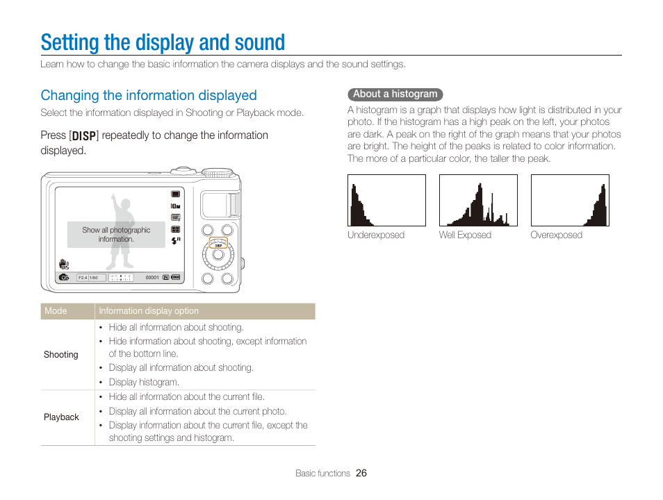 Setting the display and sound, Changing the information displayed, Changing the information displayed …………………… 26 | Samsung WB2000 User Manual | Page 27 / 133