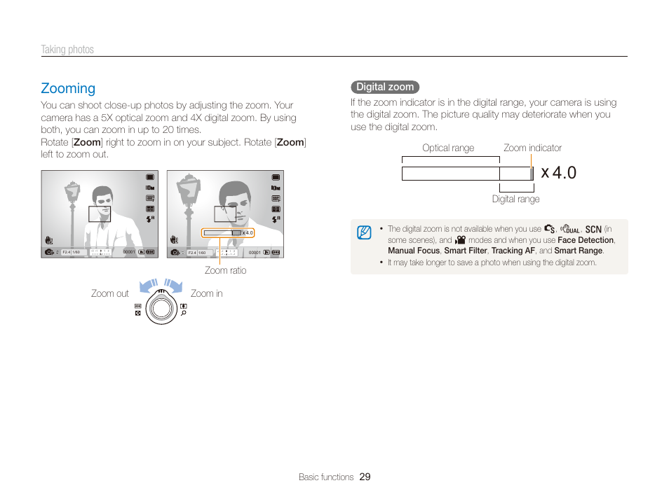 Zooming, Zooming ………………………………………………… 29 | Samsung WB2000 User Manual | Page 30 / 133