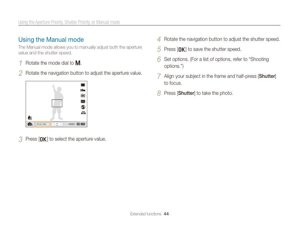 Using the manual mode, Using the manual mode ………………………………… 44 | Samsung WB2000 User Manual | Page 45 / 133