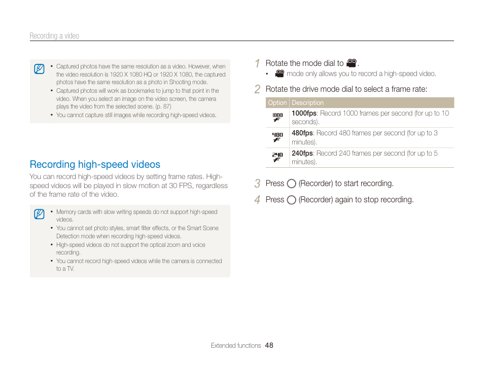 Recording high-speed videos, Recording high-speed videos ………………………… 48 | Samsung WB2000 User Manual | Page 49 / 133