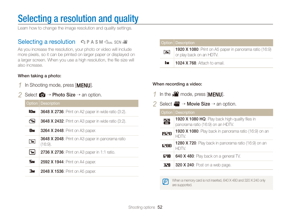 Selecting a resolution and quality, Selecting a resolution, Selecting a resolution ………………………… 52 | Samsung WB2000 User Manual | Page 53 / 133