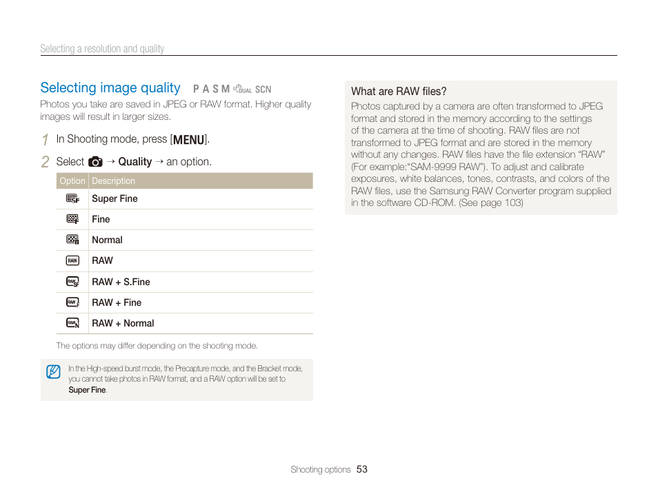 Selecting image quality, Selecting image quality ……………………… 53 | Samsung WB2000 User Manual | Page 54 / 133
