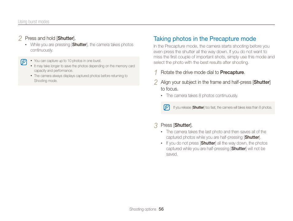 Taking photos in the precapture mode, Taking photos in the precapture mode ……… 56 | Samsung WB2000 User Manual | Page 57 / 133