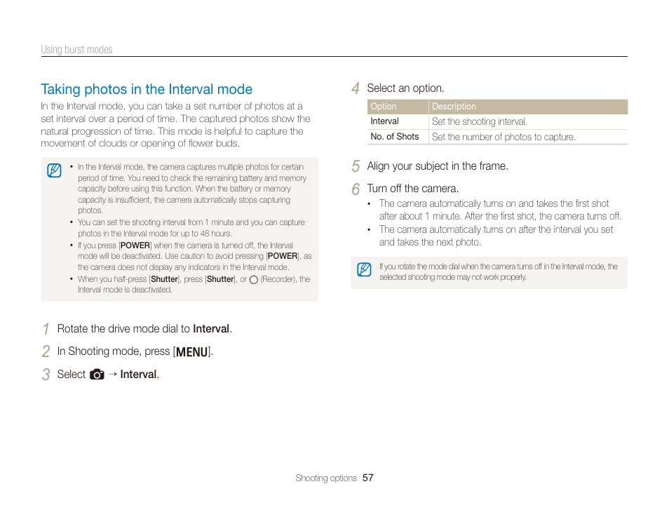 Taking photos in the interval mode, Taking photos in the interval mode ………… 57 | Samsung WB2000 User Manual | Page 58 / 133