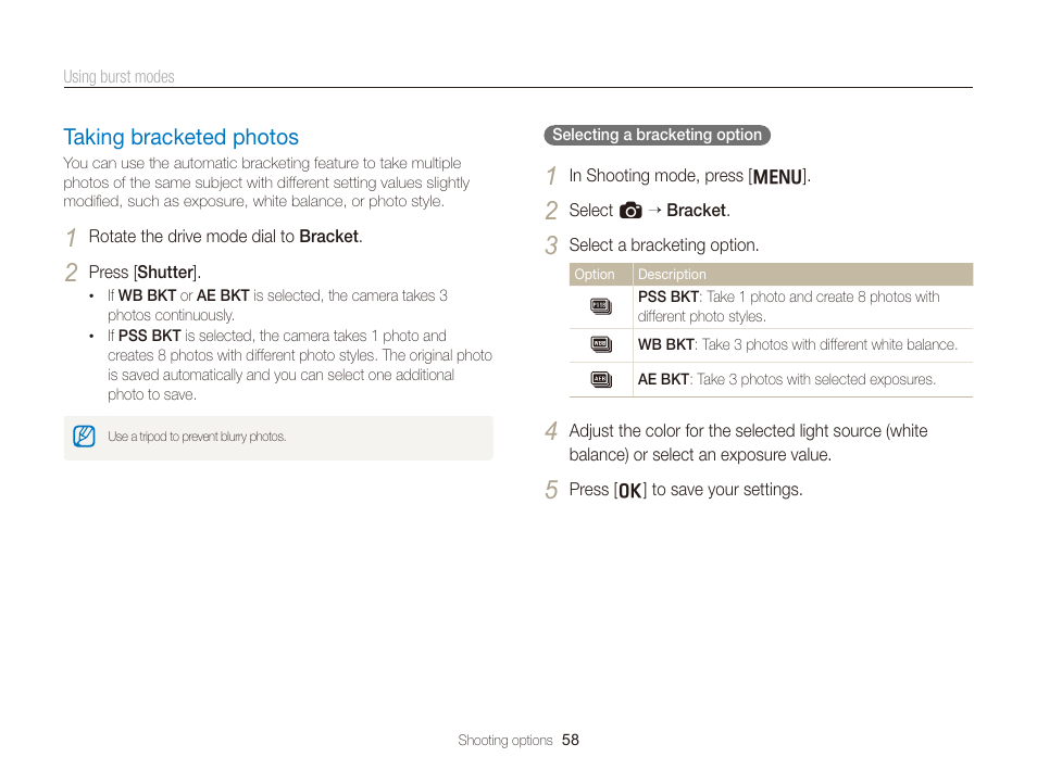 Taking bracketed photos, Taking bracketed photos …………………… 58 | Samsung WB2000 User Manual | Page 59 / 133