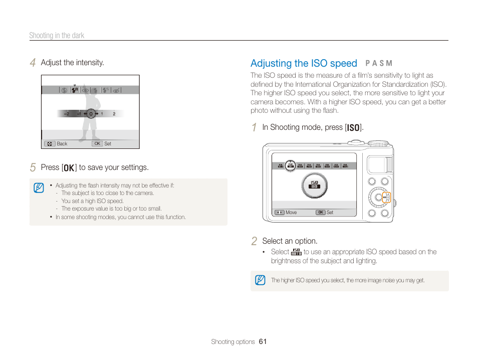Adjusting the iso speed, Set iso speed options. (p. 61), Adjusting the iso speed …………………… 61 | Samsung WB2000 User Manual | Page 62 / 133
