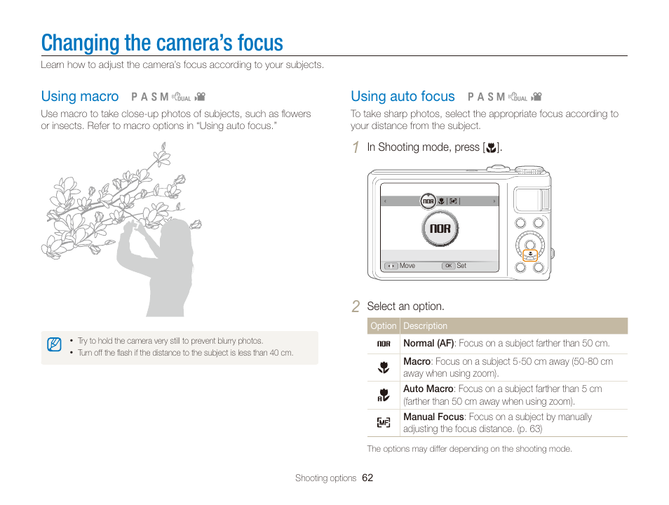 Changing the camera’s focus, Using macro, Using auto focus | Using macro ………………………………… 62, Using auto focus …………………………… 62 | Samsung WB2000 User Manual | Page 63 / 133