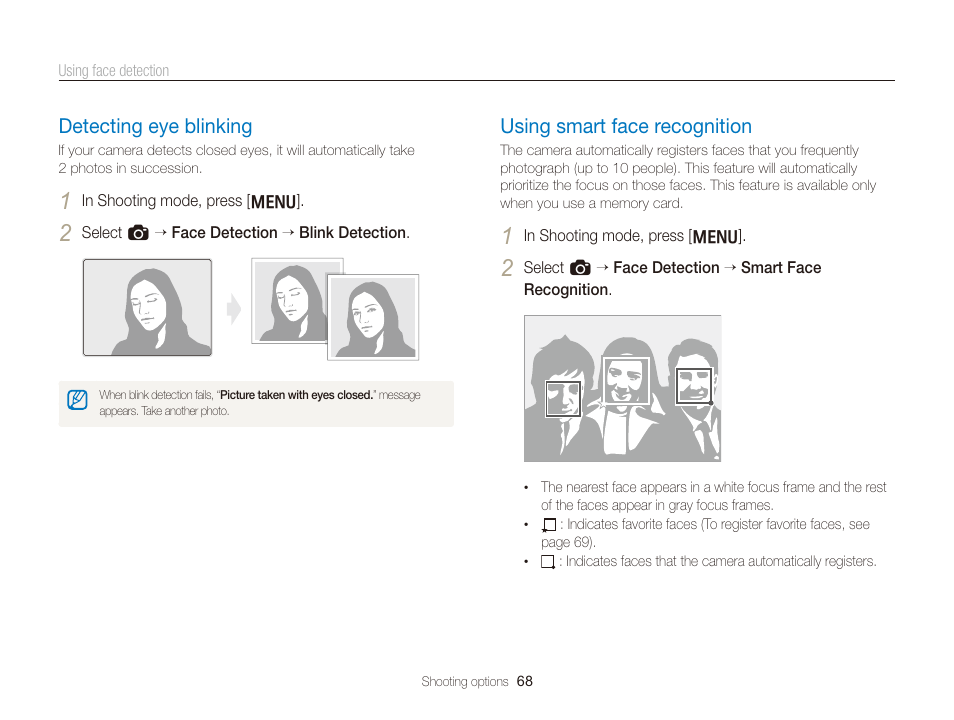 Detecting eye blinking, Using smart face recognition, Detecting eye blinking ……………………… 68 | Using smart face recognition ………………… 68 | Samsung WB2000 User Manual | Page 69 / 133