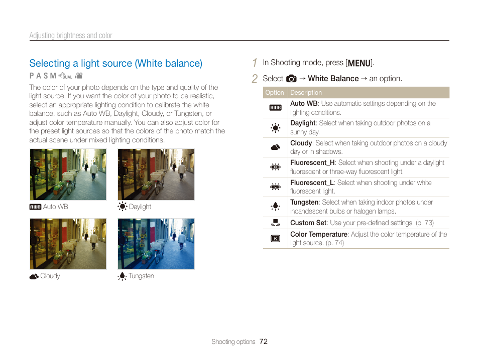 Selecting a light source (white balance), Selecting a light source (white balance) …… 72 | Samsung WB2000 User Manual | Page 73 / 133