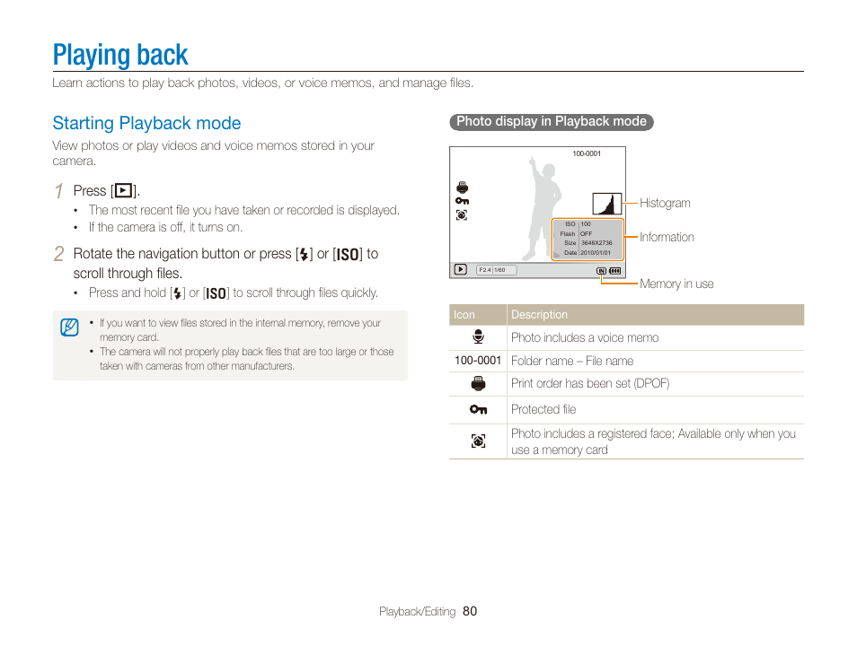 Playing back, Starting playback mode, Starting playback mode ……………………… 80 | Samsung WB2000 User Manual | Page 81 / 133