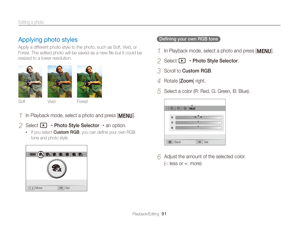 Applying photo styles, Applying photo styles ………………………… 91 | Samsung WB2000 User Manual | Page 92 / 133