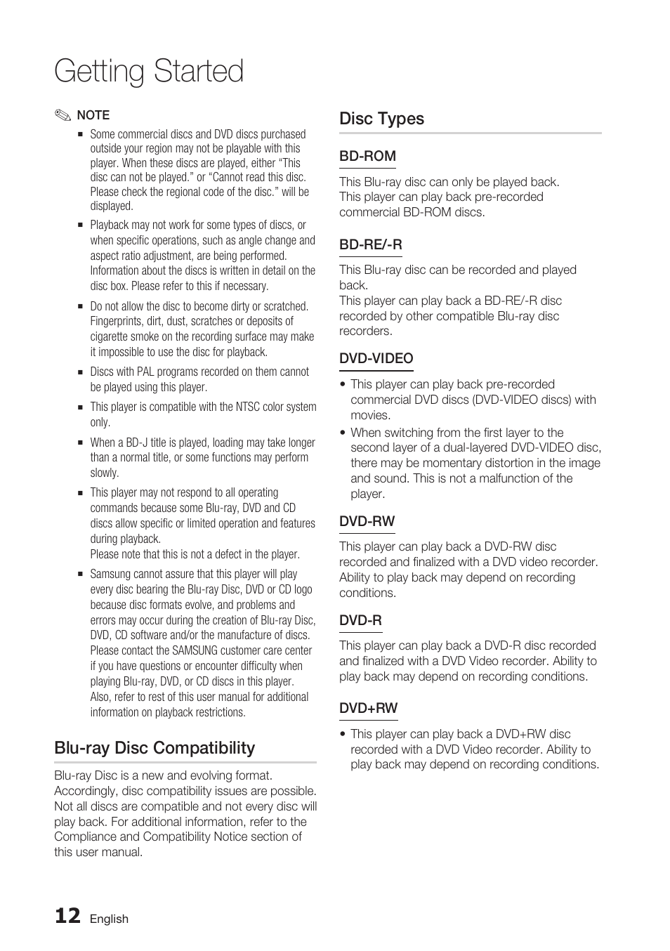 Blu-ray disc compatibility, Disc types, Getting started | Samsung BD-C7500 User Manual | Page 12 / 69