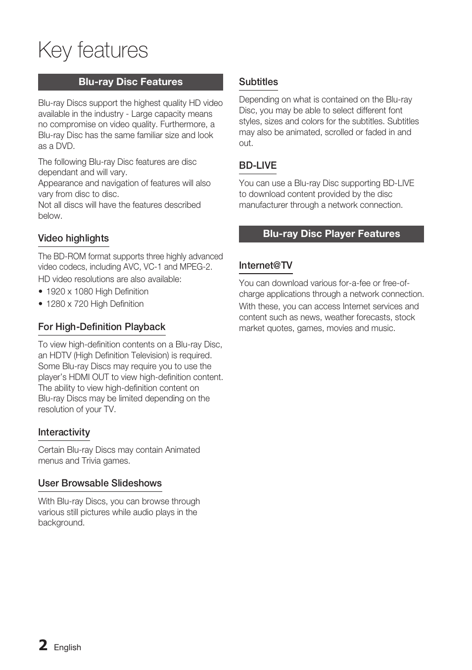 Key features, Blu-ray disc features, Blu-ray disc player features | Samsung BD-C7500 User Manual | Page 2 / 69