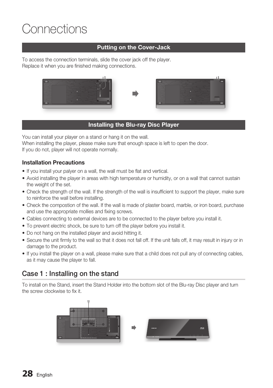 Putting on the cover-jack, Installing the blu-ray disc player, Case 1 : installing on the stand | Connections | Samsung BD-C7500 User Manual | Page 28 / 69