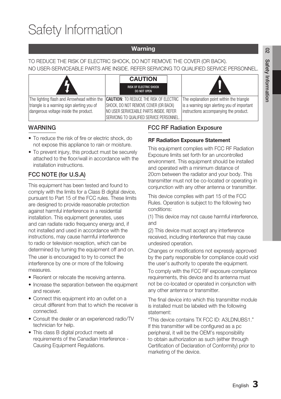 Safety information, Warning | Samsung BD-C7500 User Manual | Page 3 / 69