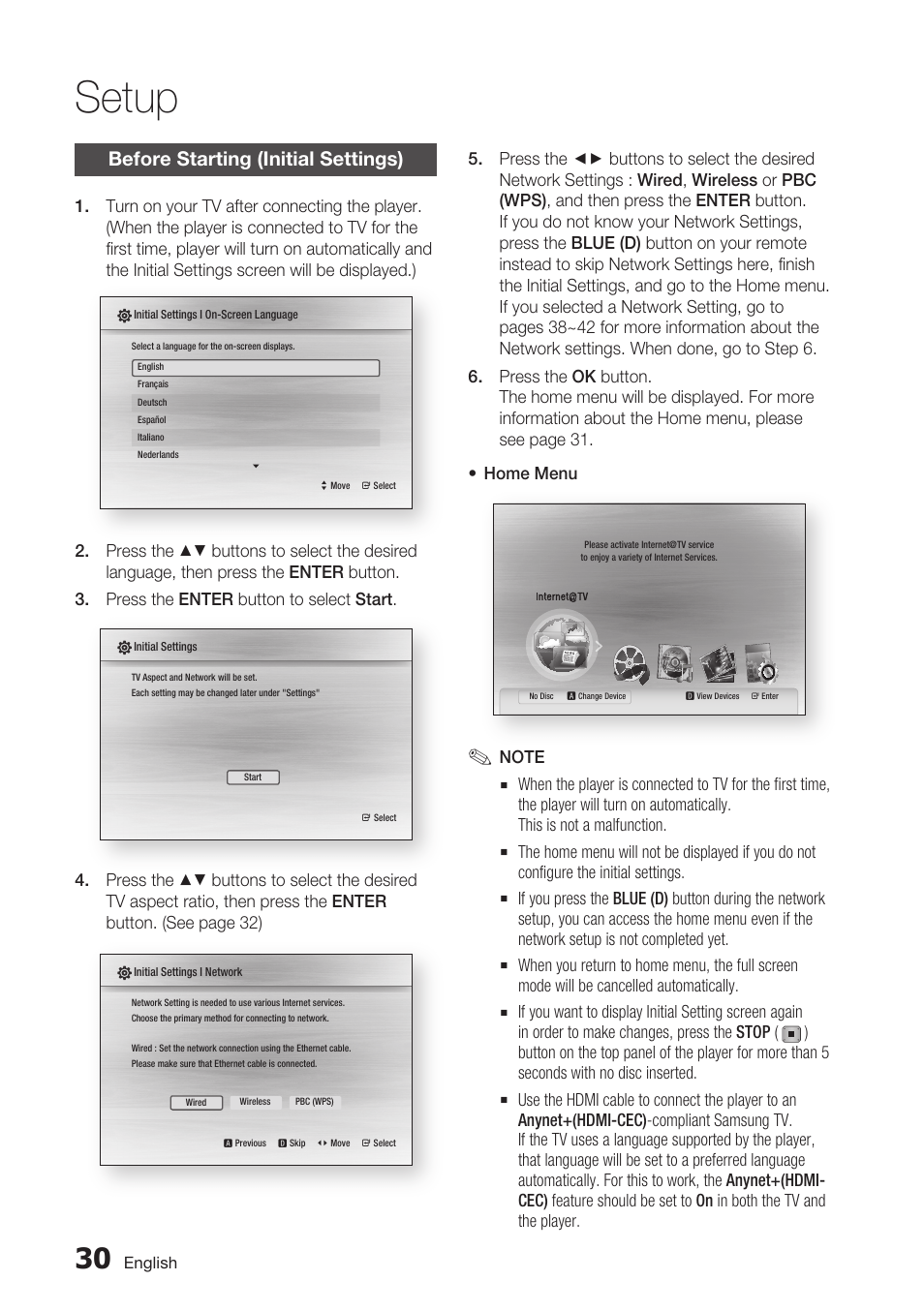 Setup, Before starting (initial settings) | Samsung BD-C7500 User Manual | Page 30 / 69