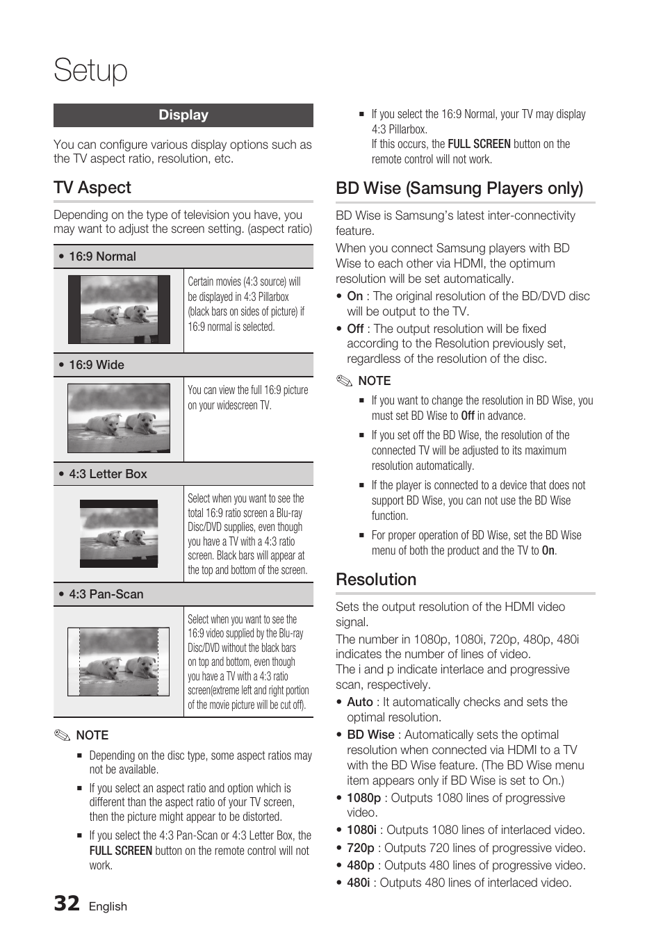 Display, Tv aspect, Bd wise (samsung players only) | Resolution, Setup | Samsung BD-C7500 User Manual | Page 32 / 69