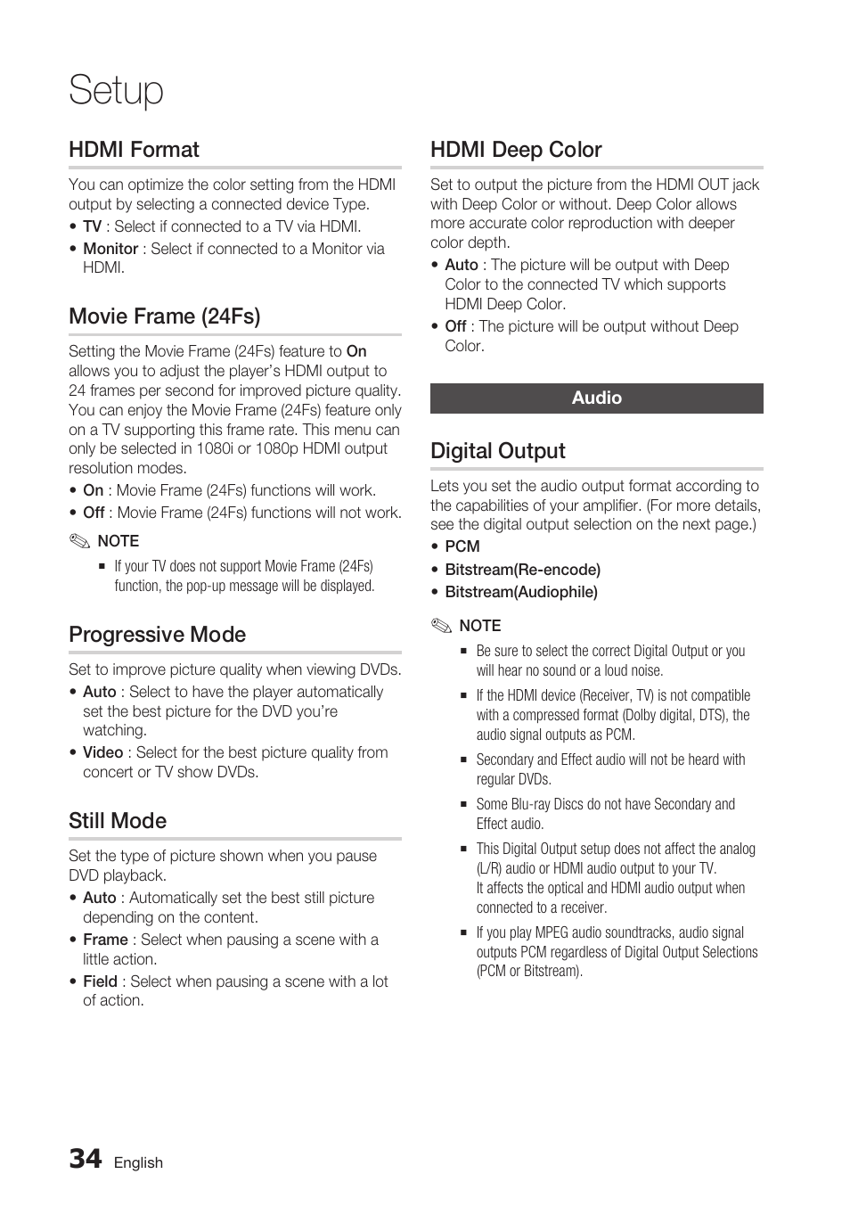 Hdmi format, Movie frame (24fs), Progressive mode | Still mode, Hdmi deep color, Audio, Digital output, Setup | Samsung BD-C7500 User Manual | Page 34 / 69