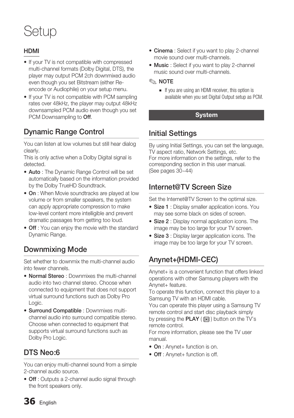Dynamic range control, Downmixing mode, Dts neo:6 | System, Initial settings, Internet@tv screen size, Anynet+(hdmi-cec), Setup | Samsung BD-C7500 User Manual | Page 36 / 69