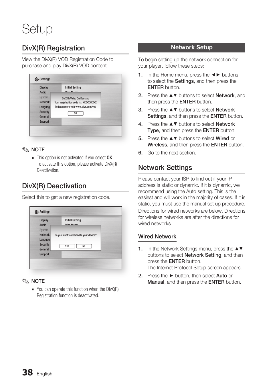 Divx(r) registration, Divx(r) deactivation, Network setup | Network settings, Setup | Samsung BD-C7500 User Manual | Page 38 / 69