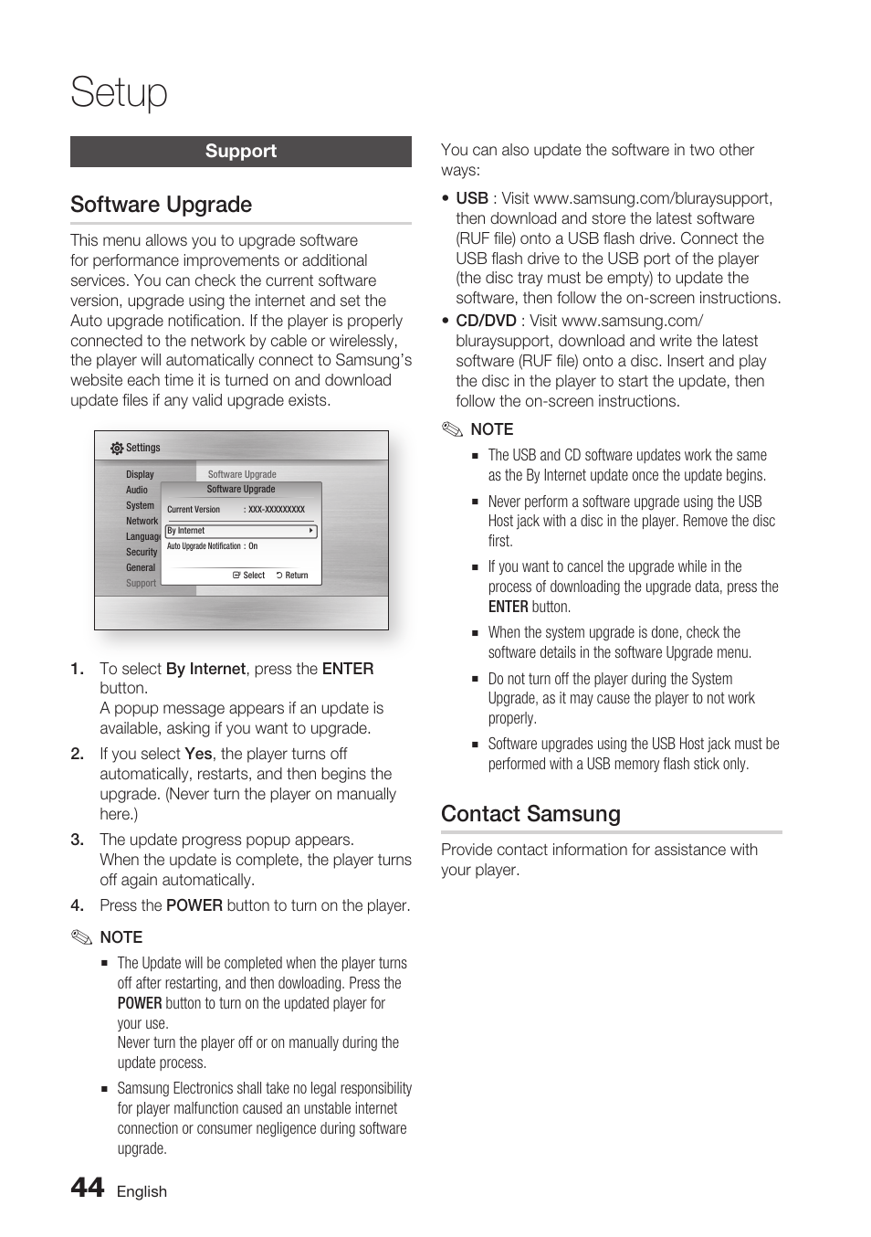 Support, Software upgrade, Contact samsung | Setup | Samsung BD-C7500 User Manual | Page 44 / 69