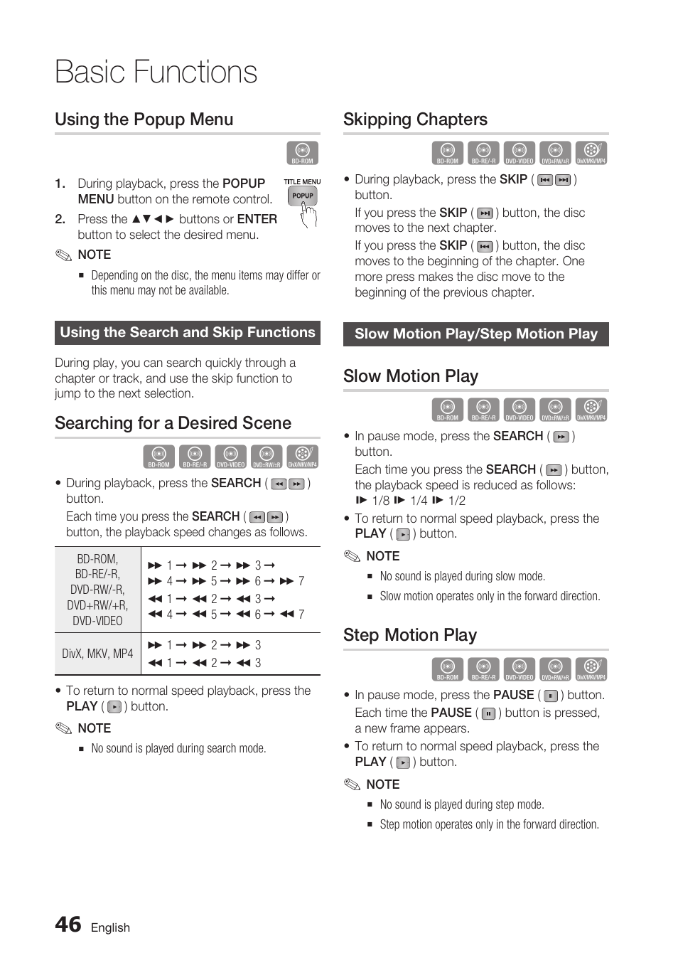 Using the popup menu, Using the search and skip functions, Searching for a desired scene | Skipping chapters, Slow motion play/step motion play, Slow motion play, Step motion play, Basic functions | Samsung BD-C7500 User Manual | Page 46 / 69