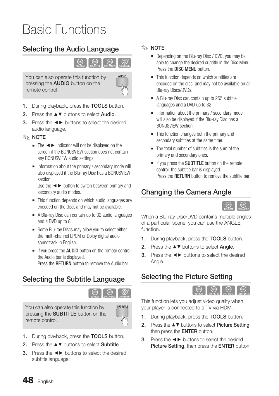 Selecting the audio language, Selecting the subtitle language, Changing the camera angle | Selecting the picture setting, Basic functions | Samsung BD-C7500 User Manual | Page 48 / 69