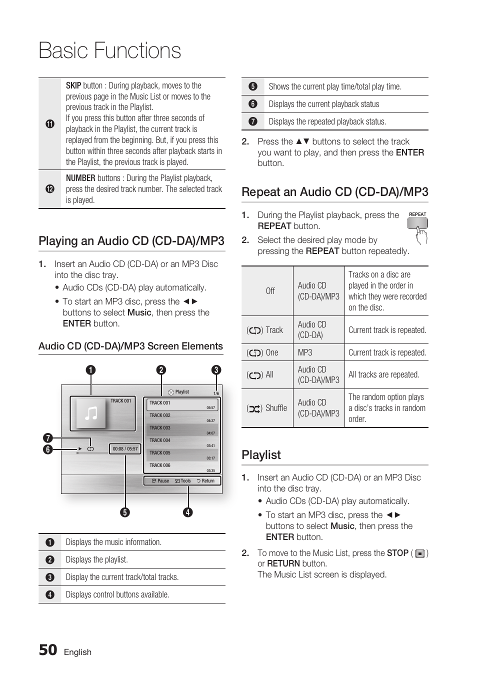 Playing an audio cd (cd-da)/mp3, Repeat an audio cd (cd-da)/mp3, Playlist | Basic functions | Samsung BD-C7500 User Manual | Page 50 / 69