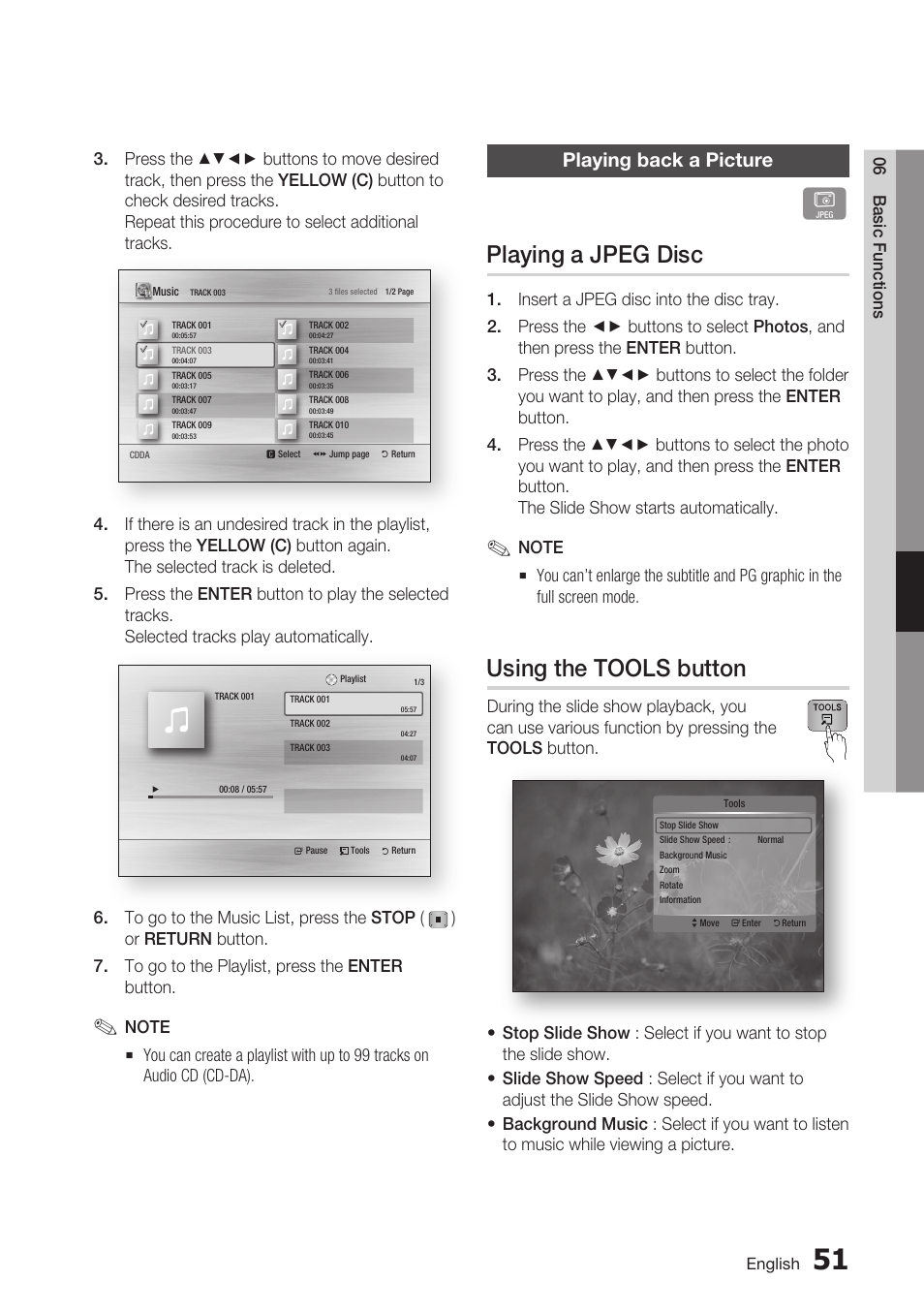 Playing back a picture, Playing a jpeg disc, Using the tools button | Samsung BD-C7500 User Manual | Page 51 / 69