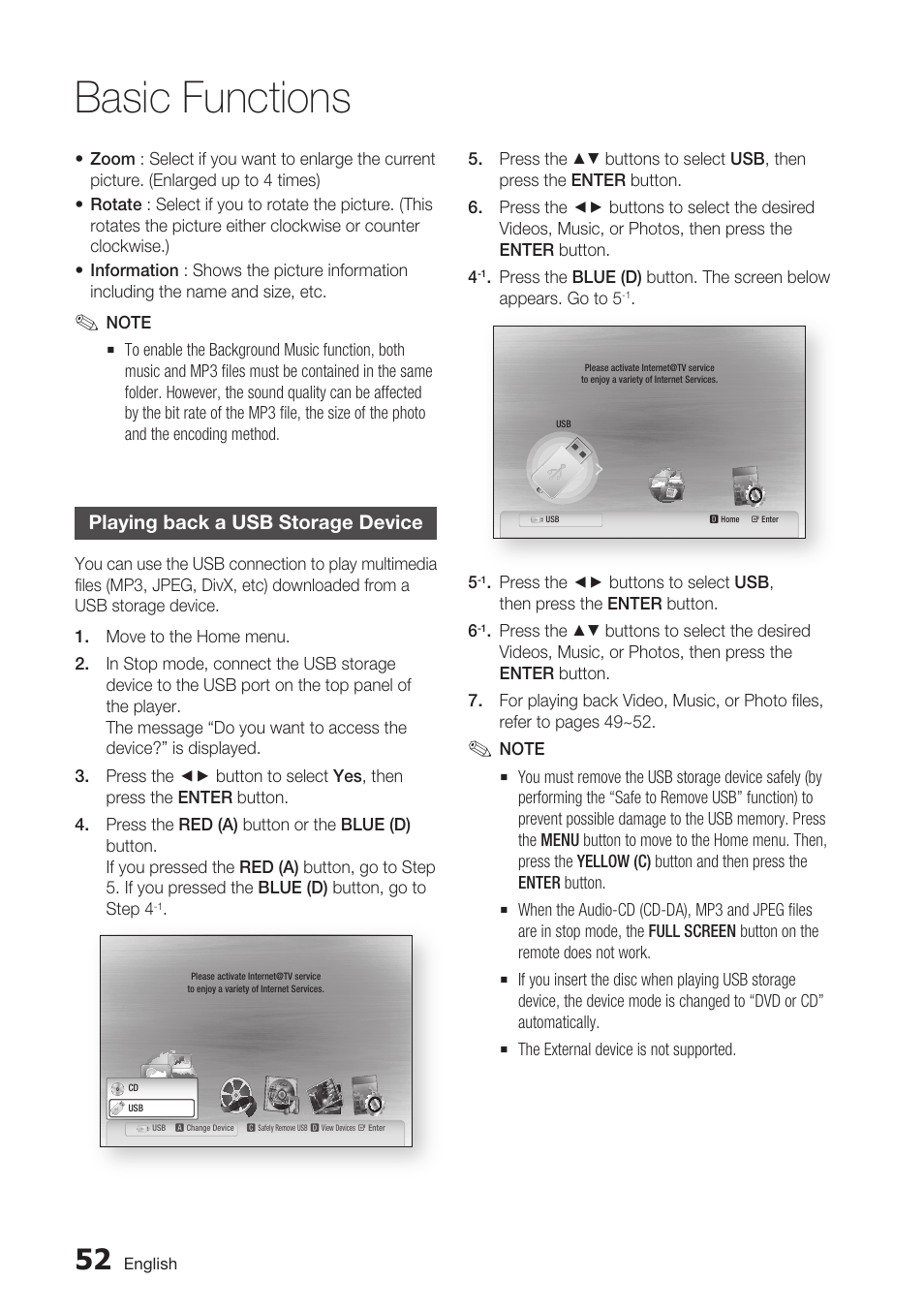Playing back a usb storage device, Basic functions | Samsung BD-C7500 User Manual | Page 52 / 69