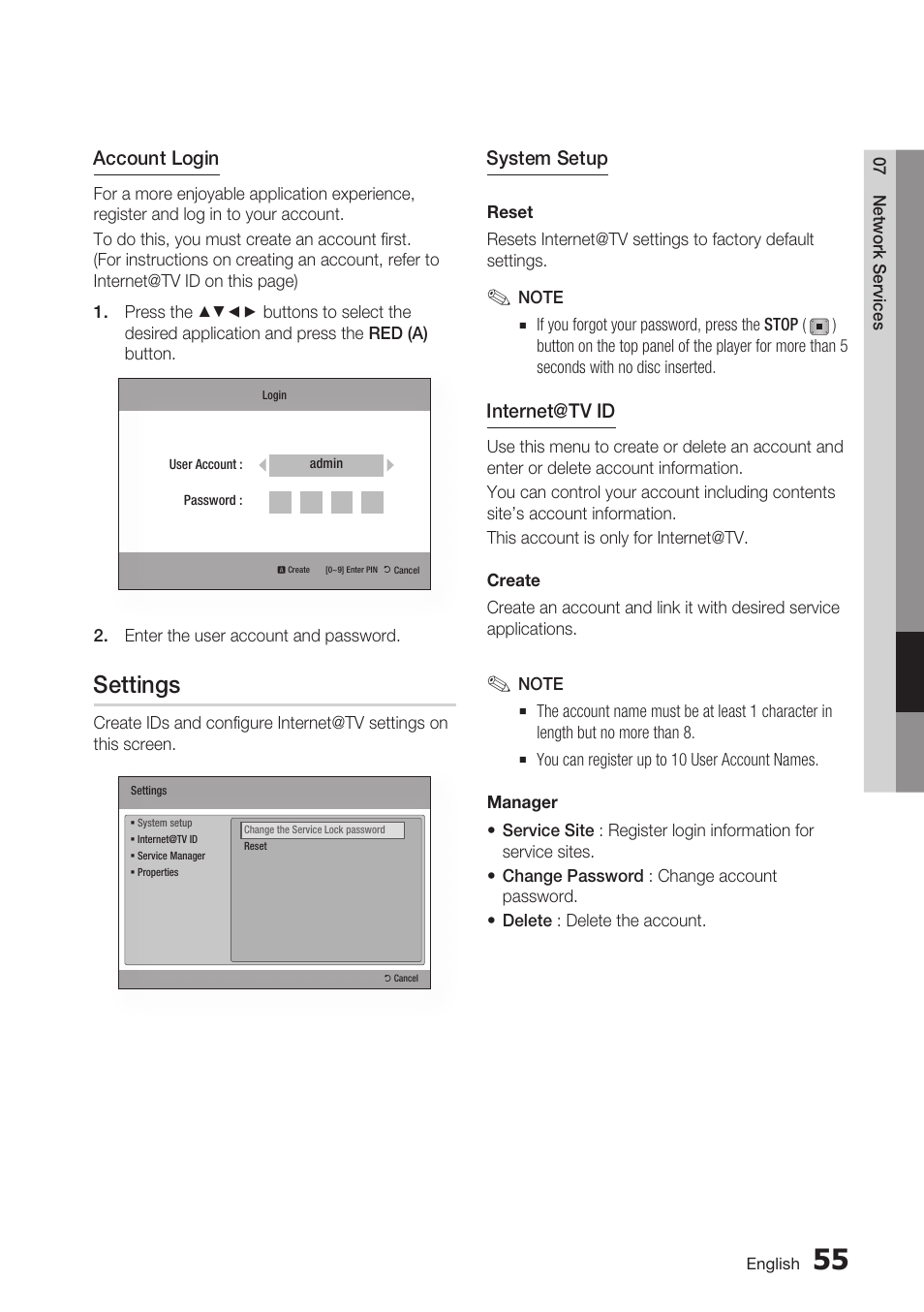 Settings, Account login, System setup | Internet@tv id | Samsung BD-C7500 User Manual | Page 55 / 69