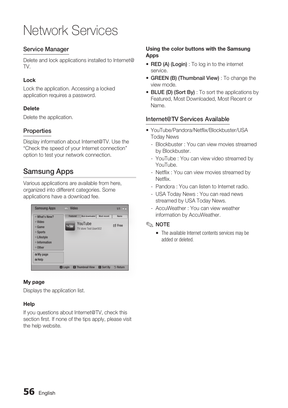 Samsung apps, Network services, Service manager | Properties, Internet@tv services available | Samsung BD-C7500 User Manual | Page 56 / 69