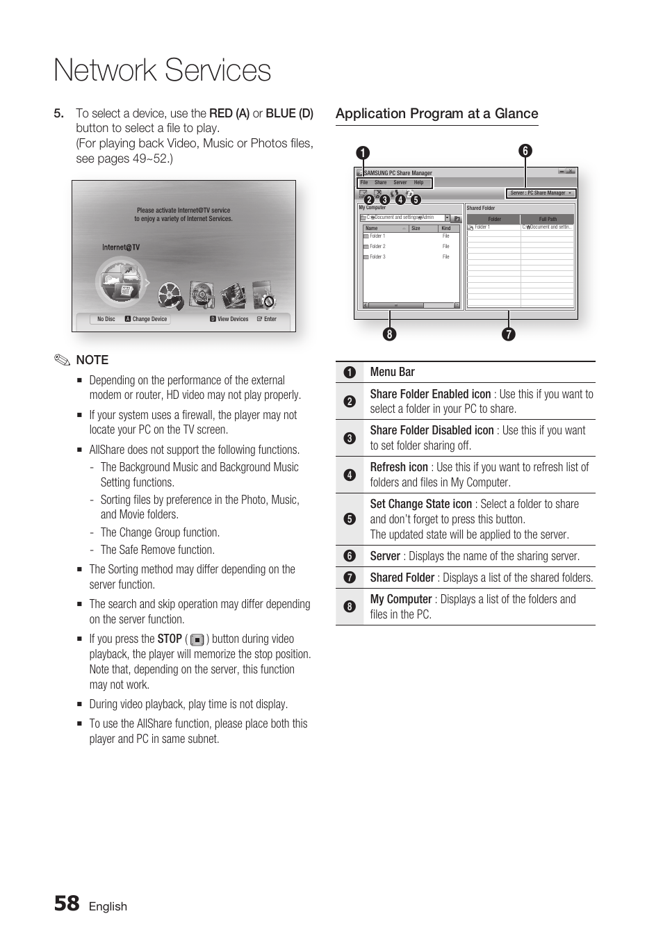 Network services, Application program at a glance | Samsung BD-C7500 User Manual | Page 58 / 69