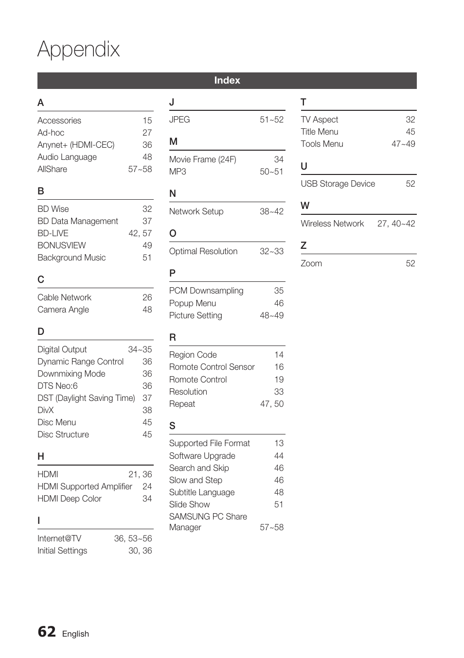 Index, Appendix | Samsung BD-C7500 User Manual | Page 62 / 69