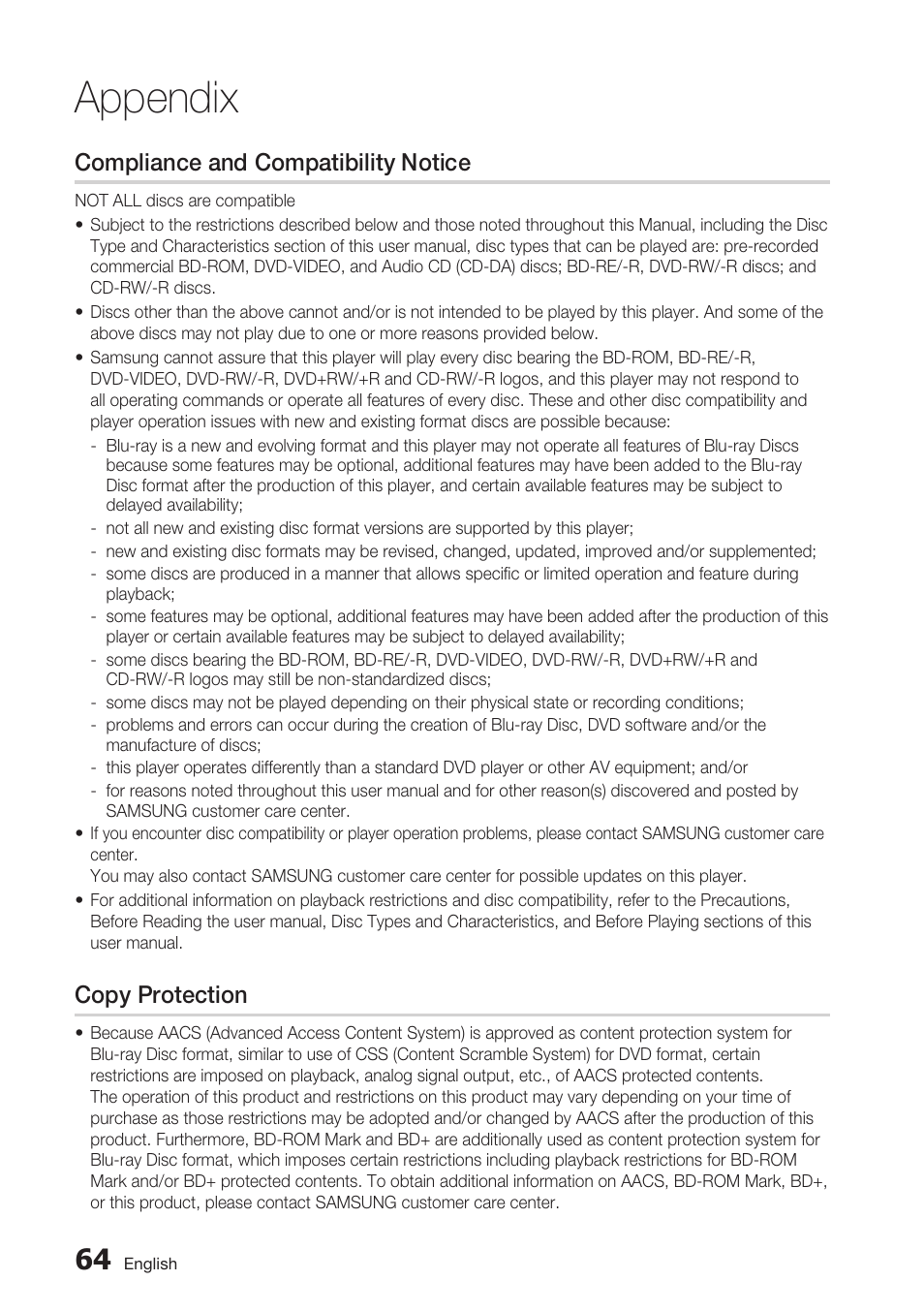 Compliance and compatibility notice, Copy protection, Appendix | Samsung BD-C7500 User Manual | Page 64 / 69