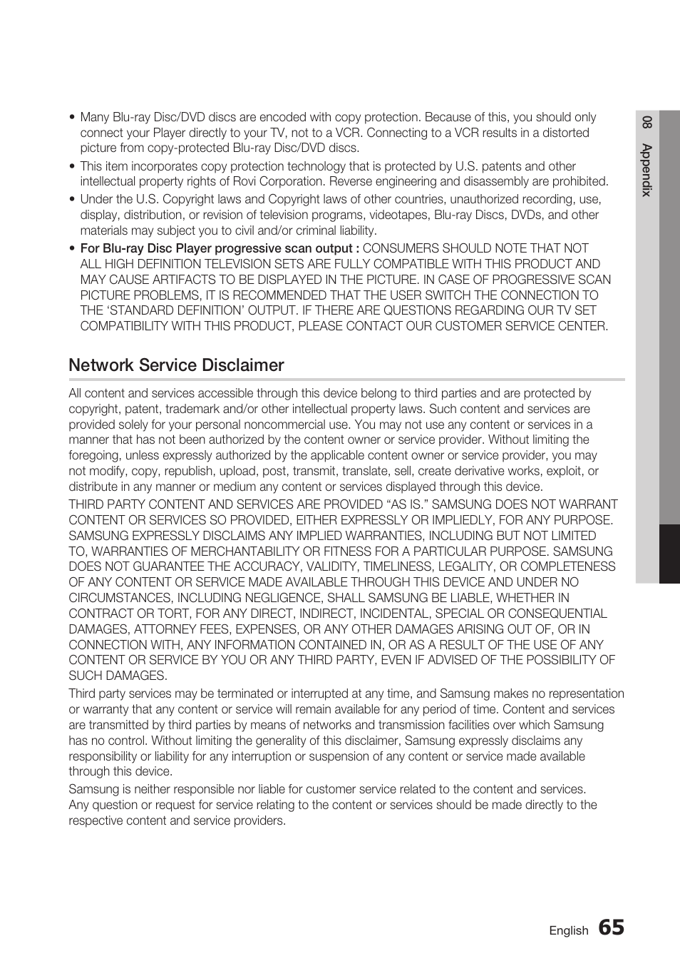Network service disclaimer | Samsung BD-C7500 User Manual | Page 65 / 69