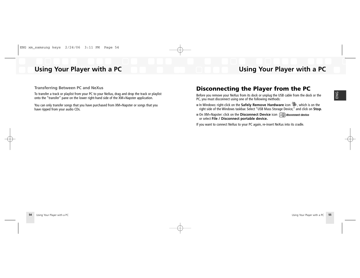 Using your player with a pc, Disconnecting the player from the pc | Samsung AH81-02185A XM User Manual | Page 28 / 40