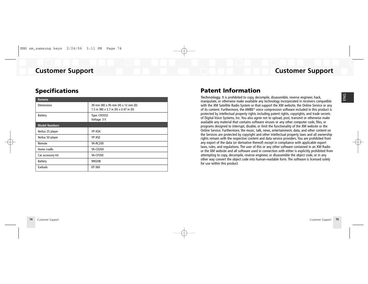 Customer support, Patent information, Specifications | Samsung AH81-02185A XM User Manual | Page 38 / 40