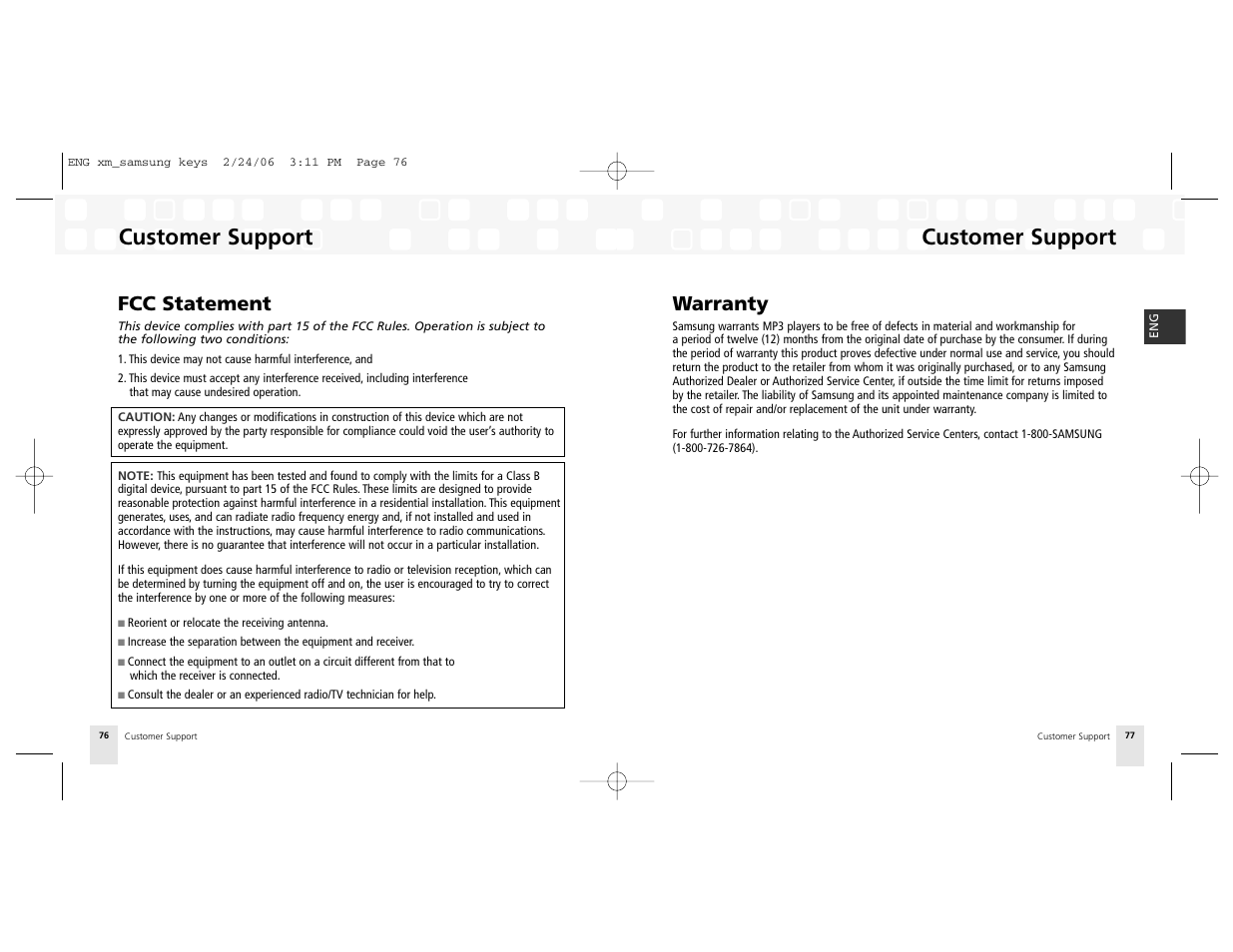 Customer support, Warranty, Fcc statement | Samsung AH81-02185A XM User Manual | Page 39 / 40