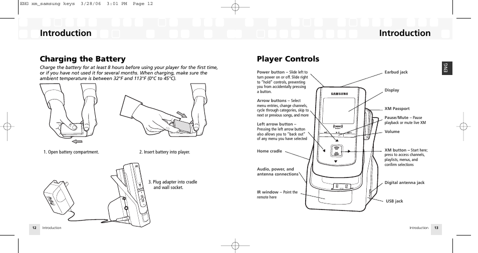 Introduction, Charging the battery, Player controls | Samsung AH81-02185A XM User Manual | Page 7 / 40