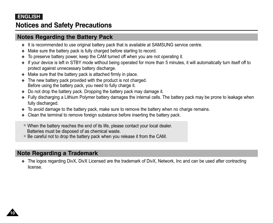 Notes regarding the battery pack, Notes regarding a trademark, Notices and safety precautions | Samsung VP-X110L User Manual | Page 10 / 140