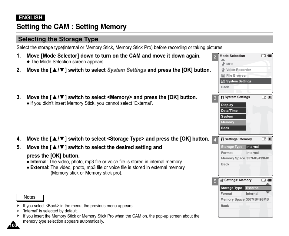 Setting memory, Selecting the storage type | Samsung VP-X110L User Manual | Page 100 / 140